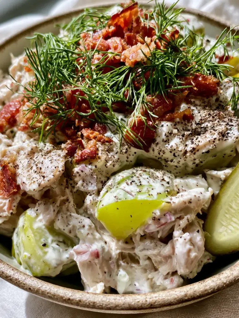 Dill Pickle Chicken Salad: The Creamiest Crunchy Rotisserie Recipe 2 Macro shot of chunky neon-green pickles and shredded chicken in a velvety dressing with black pepper. (dill pickle chicken salad)