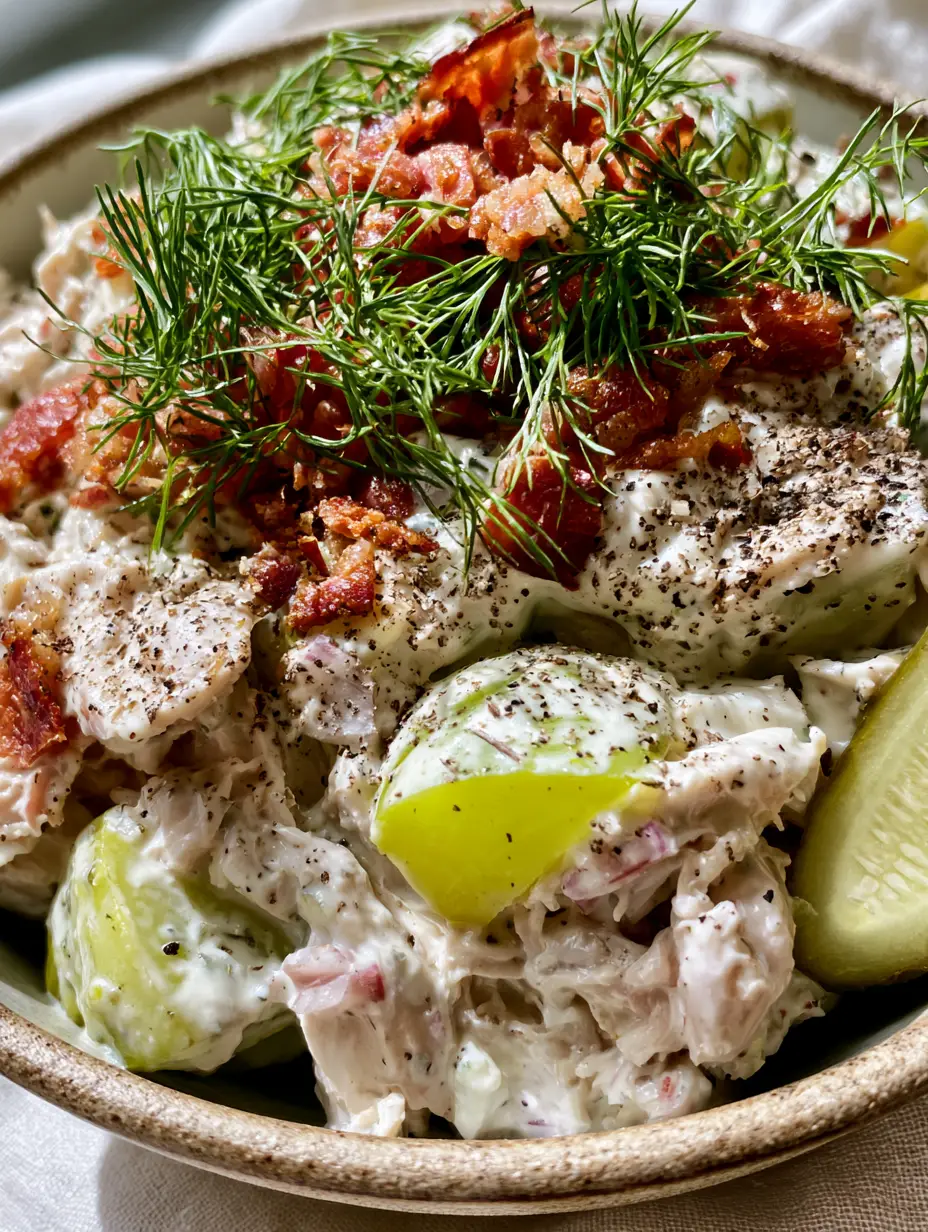 Dill Pickle Chicken Salad: The Creamiest Crunchy Rotisserie Recipe 4 Macro shot of chunky neon-green pickles and shredded chicken in a velvety dressing with black pepper. (dill pickle chicken salad)