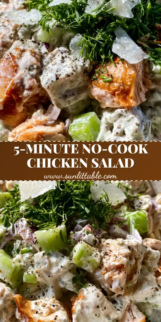 Rotisserie Chicken Salad with Creamy Greek Yogurt and Crispy Skin 4 A handheld smartphone photo of a textured ceramic bowl filled with chunky Rotisserie Chicken Salad, topped with fresh dill, chives, and crispy skin bits.