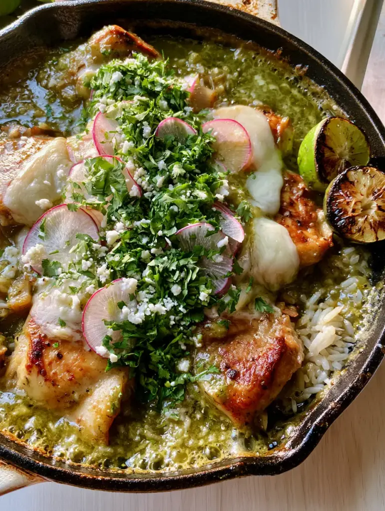 Salsa Verde Chicken & Rice Skillet: The Ultimate One-Pan Zesty Dinner 2 Close-up of seared golden-brown chicken and bubbling lime-green sauce in a Salsa Verde Chicken & Rice Skillet.