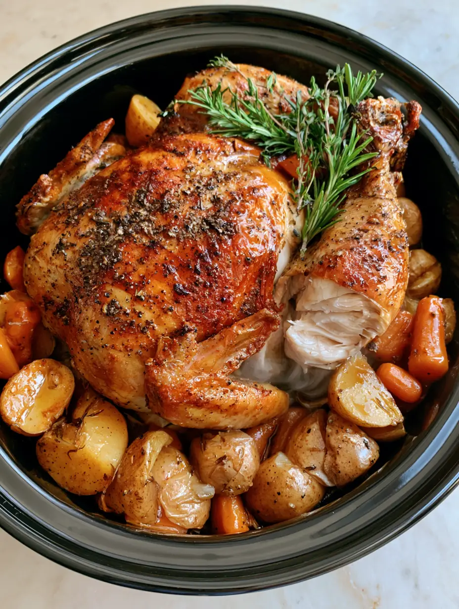 Crockpot Rotisserie Chicken with Crispy Golden Skin and Yukon Gold Potatoes 3 Top-down view of a crockpot rotisserie chicken inside a black slow cooker with steam rising from tender white meat.