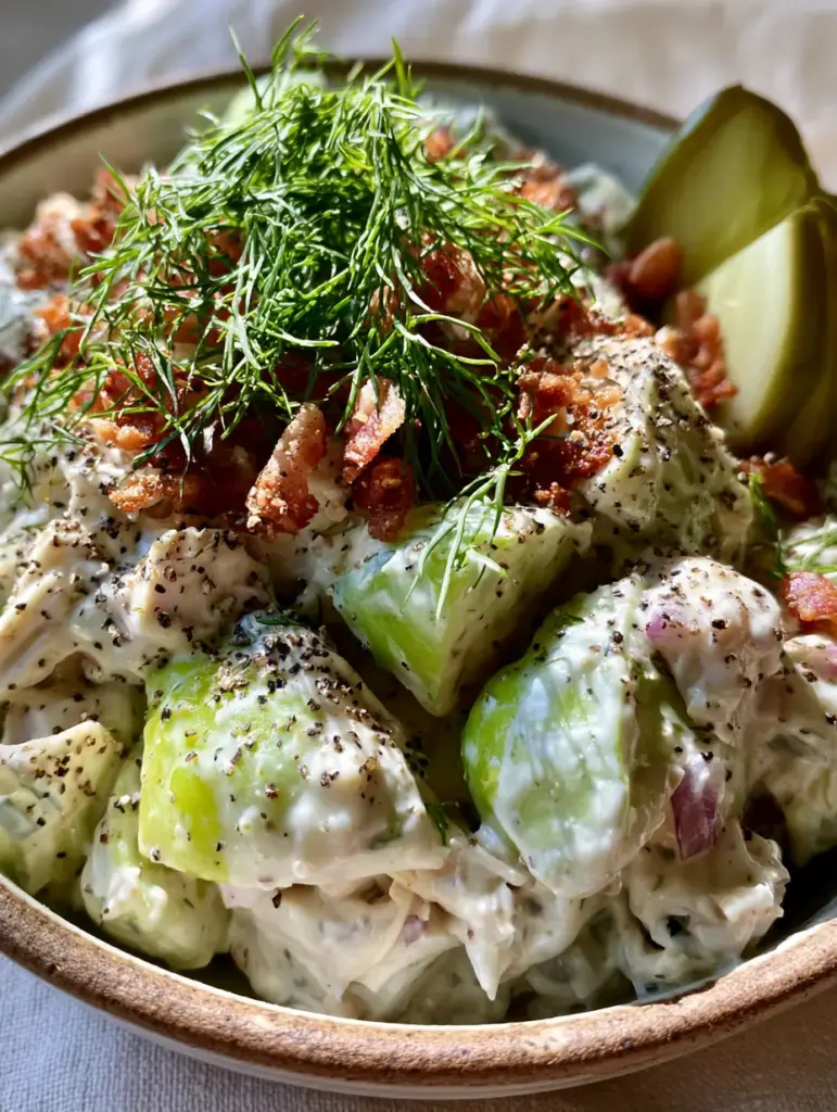 Dill Pickle Chicken Salad: The Creamiest Crunchy Rotisserie Recipe 1 Slightly angled shot showing the fresh dill sprigs and crispy bacon bits on top of the chicken salad.
