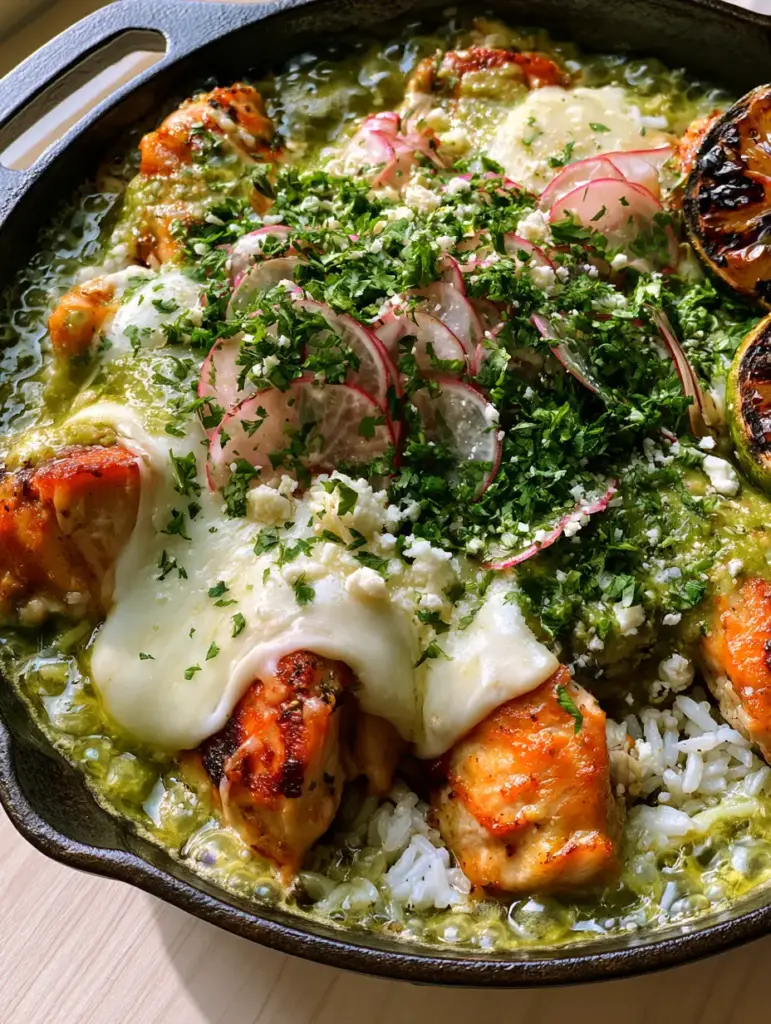 Salsa Verde Chicken & Rice Skillet: The Ultimate One-Pan Zesty Dinner 1 Top-down view of a rustic skillet showing melted cheese, fresh cilantro, and radish slices on a Salsa Verde Chicken & Rice Skillet.