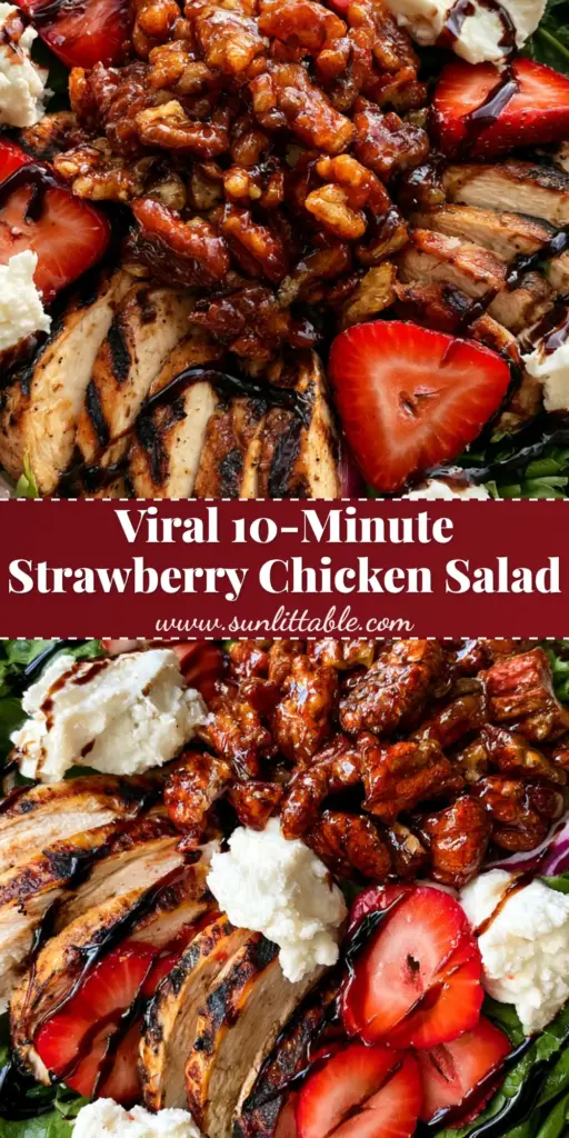 Strawberry Fields Salad with Seared Chicken and Balsamic Glaze 4 A gourmet strawberry fields salad with seared chicken slices, crimson strawberries, goat cheese, and balsamic glaze in a ceramic bowl.