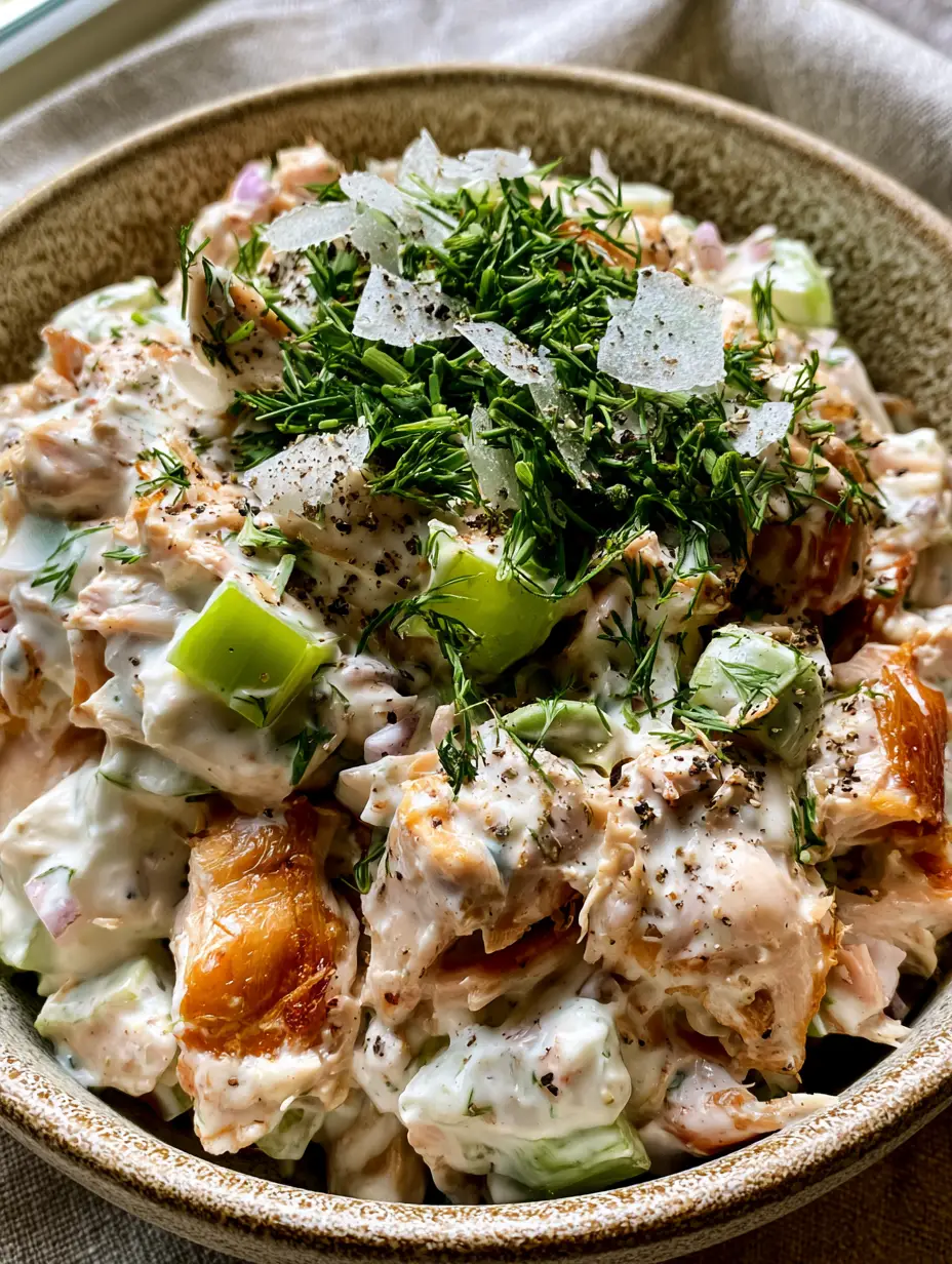 Rotisserie Chicken Salad with Creamy Greek Yogurt and Crispy Skin 3 Macro view of Rotisserie Chicken Salad showing the velvety white Greek yogurt dressing and bright green celery.