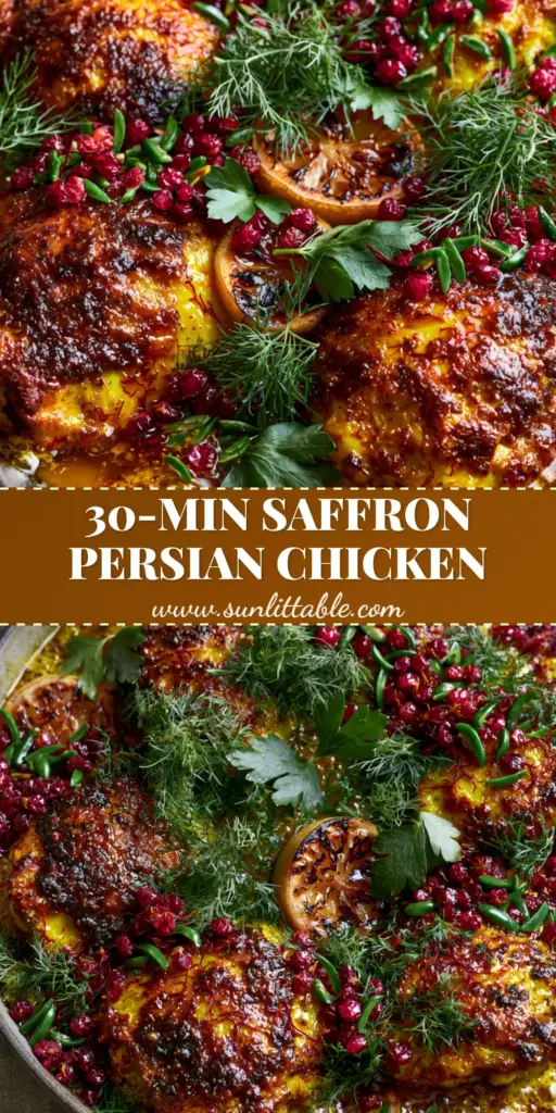 A close-up of a cast iron pan containing Persian chicken with crispy golden saffron skin, barberries, and pistachios.