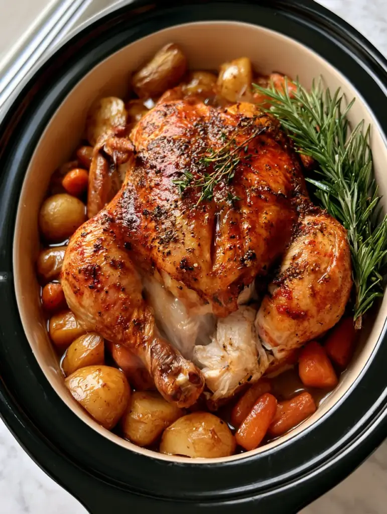 Crockpot Rotisserie Chicken with Crispy Golden Skin and Yukon Gold Potatoes 1 Close up of crispy golden chicken skin with visible black pepper, oregano, and smoked paprika rub. (crockpot rotisserie chicken)