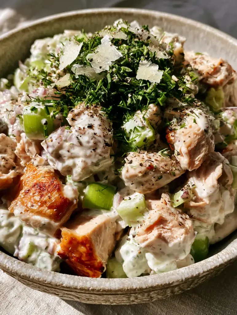 Rotisserie Chicken Salad with Creamy Greek Yogurt and Crispy Skin 1 Overhead view of a ceramic bowl filled with Rotisserie Chicken Salad garnished with large salt flakes and cracked pepper.
