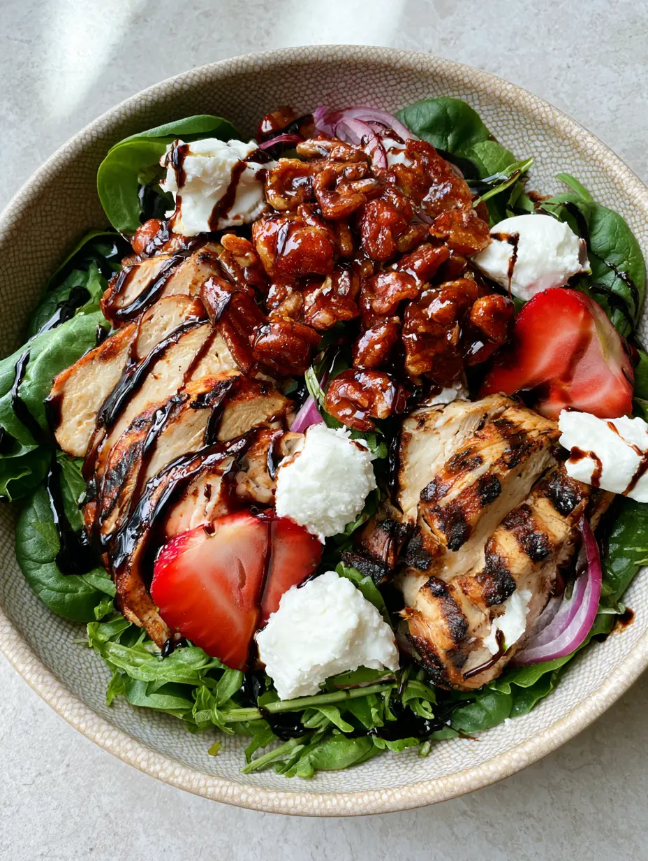 Strawberry Fields Salad with Seared Chicken and Balsamic Glaze 3 Top-down view of strawberry fields salad showing golden-brown chicken and amber candied pecans.