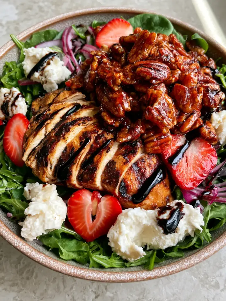 Strawberry Fields Salad with Seared Chicken and Balsamic Glaze 1 Close up of strawberry fields salad with crimson strawberry hearts and creamy goat cheese crumbles.