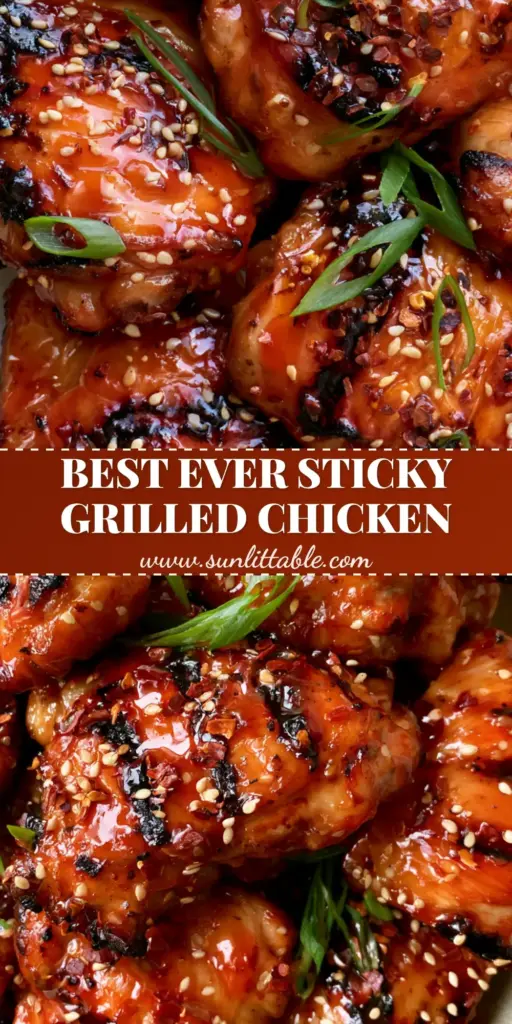 Sweet chili grilled chicken with a Glossy Glaze and Charred Edges 4 Overhead shot of Sweet chili grilled chicken thighs piled high on a plate with glossy red glaze and charred edges.