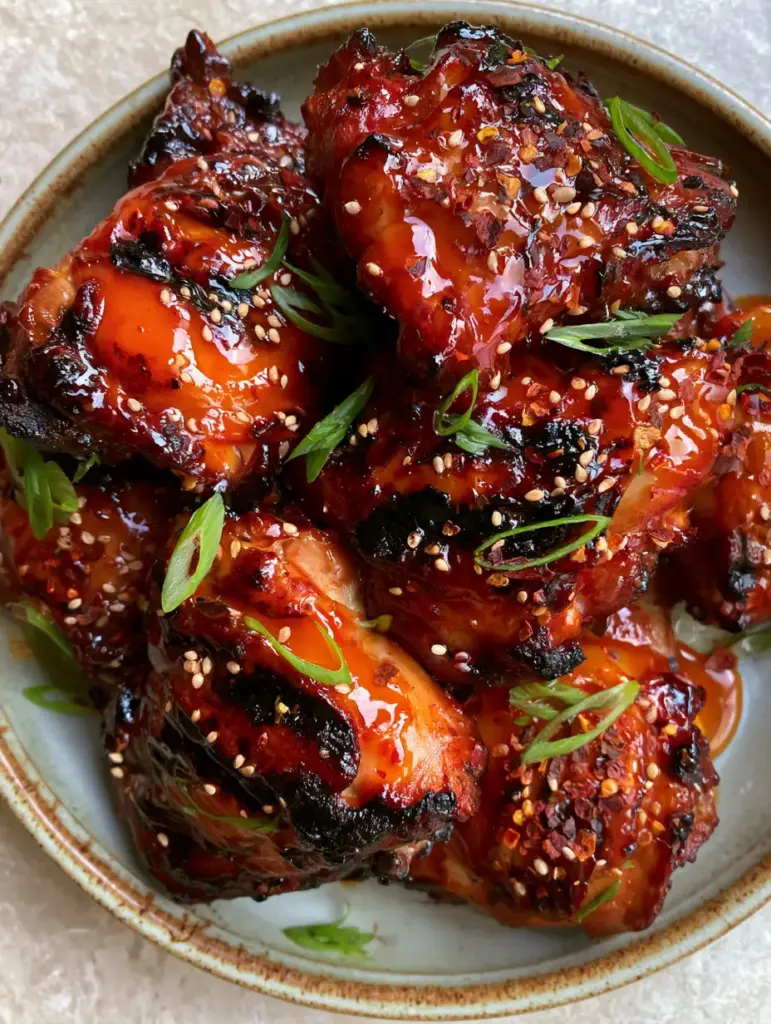 Sweet chili grilled chicken with a Glossy Glaze and Charred Edges 2 Extreme close-up of Sweet chili grilled chicken showing thick red-orange glaze and toasted sesame seeds.
