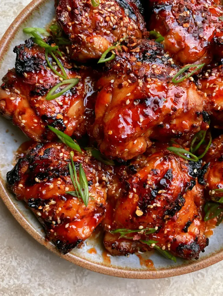 Sweet chili grilled chicken with a Glossy Glaze and Charred Edges 1 Succulent Sweet chili grilled chicken thighs with visible grill marks and bright green scallions.
