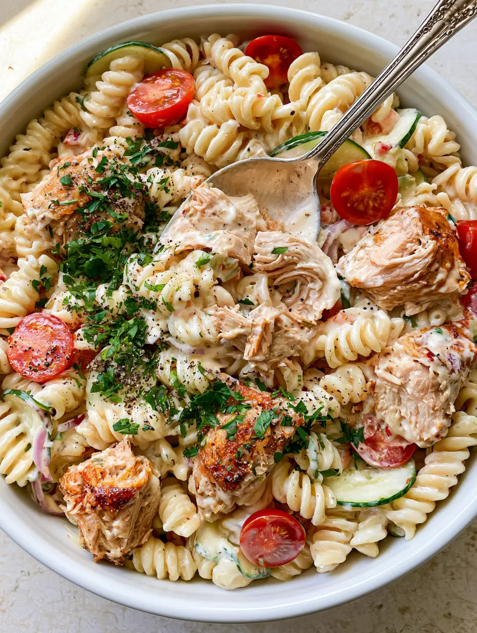High-angle view of a large ceramic bowl filled with chicken pasta salad featuring rotini and golden roasted chicken.