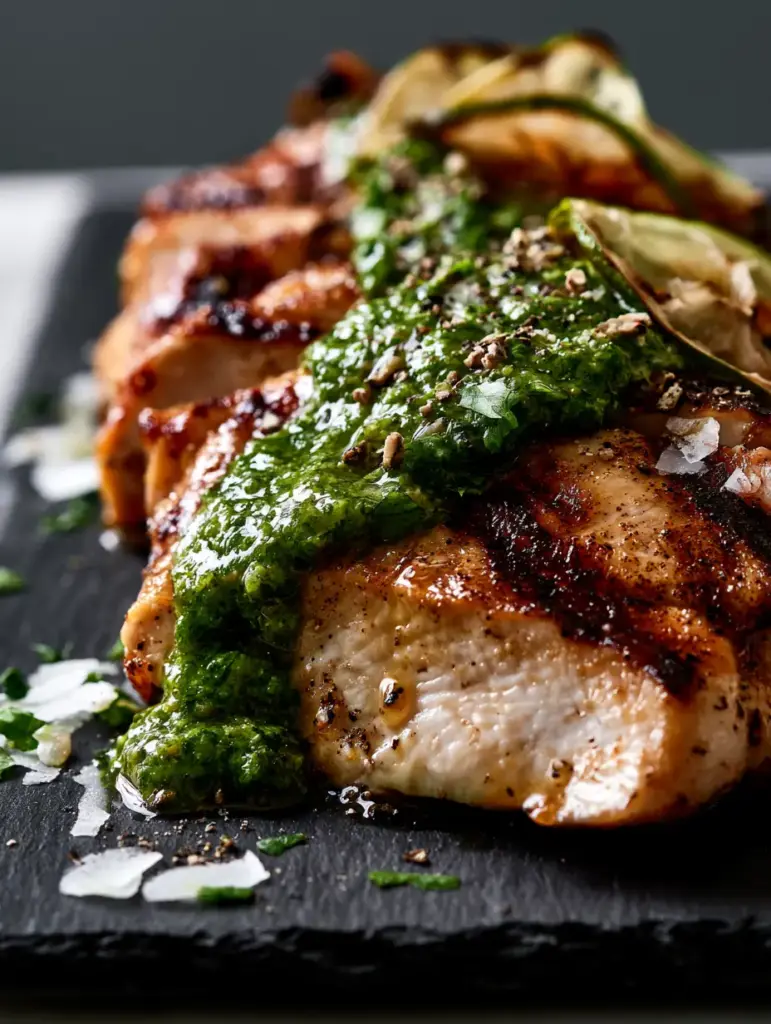 Lime Cilantro Grilled Chicken with Thick Zesty Chimichurri Sauce 2 Extreme close-up of sliced succulent lime cilantro grilled chicken with visible juice droplets and thick green sauce.