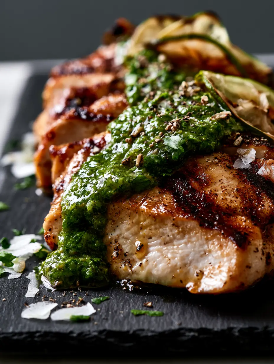 Lime Cilantro Grilled Chicken with Thick Zesty Chimichurri Sauce 3 Extreme close-up of sliced succulent lime cilantro grilled chicken with visible juice droplets and thick green sauce.