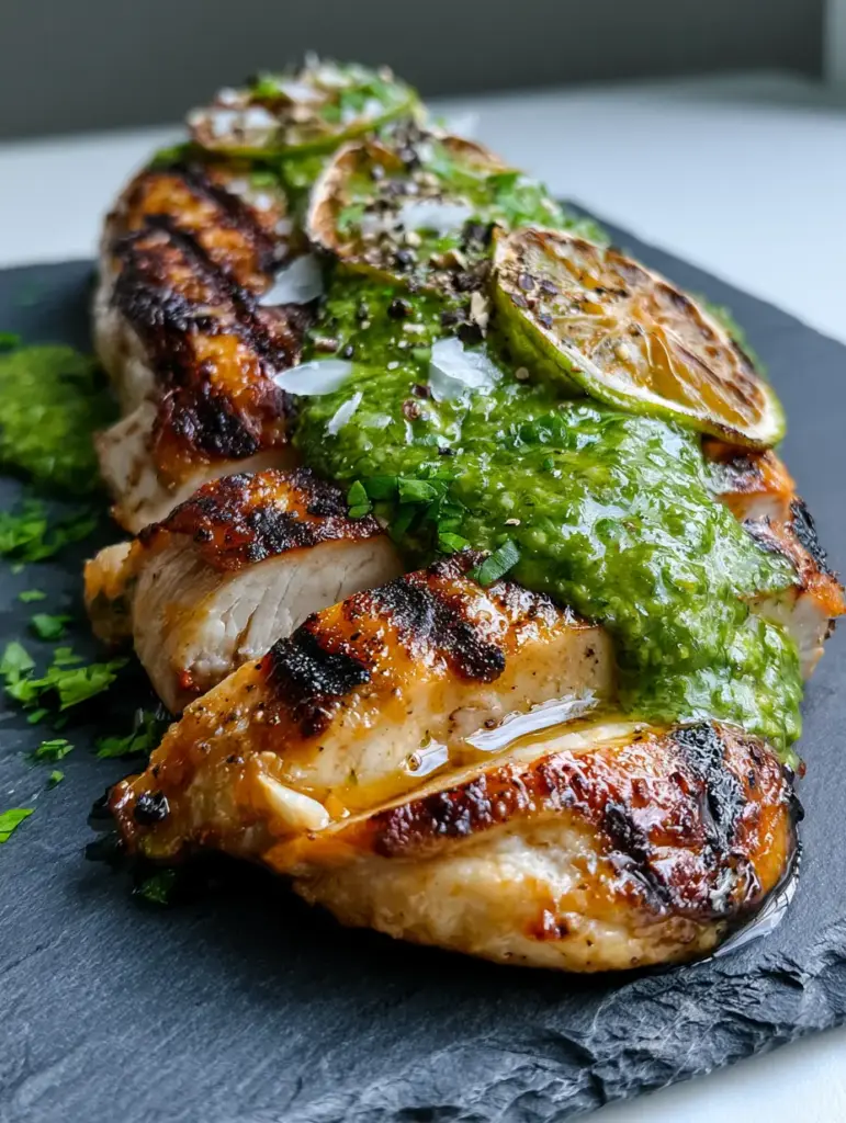 Lime Cilantro Grilled Chicken with Thick Zesty Chimichurri Sauce 1 Handheld shot of lime cilantro grilled chicken garnished with charred lime wheels and Maldon sea salt flakes.