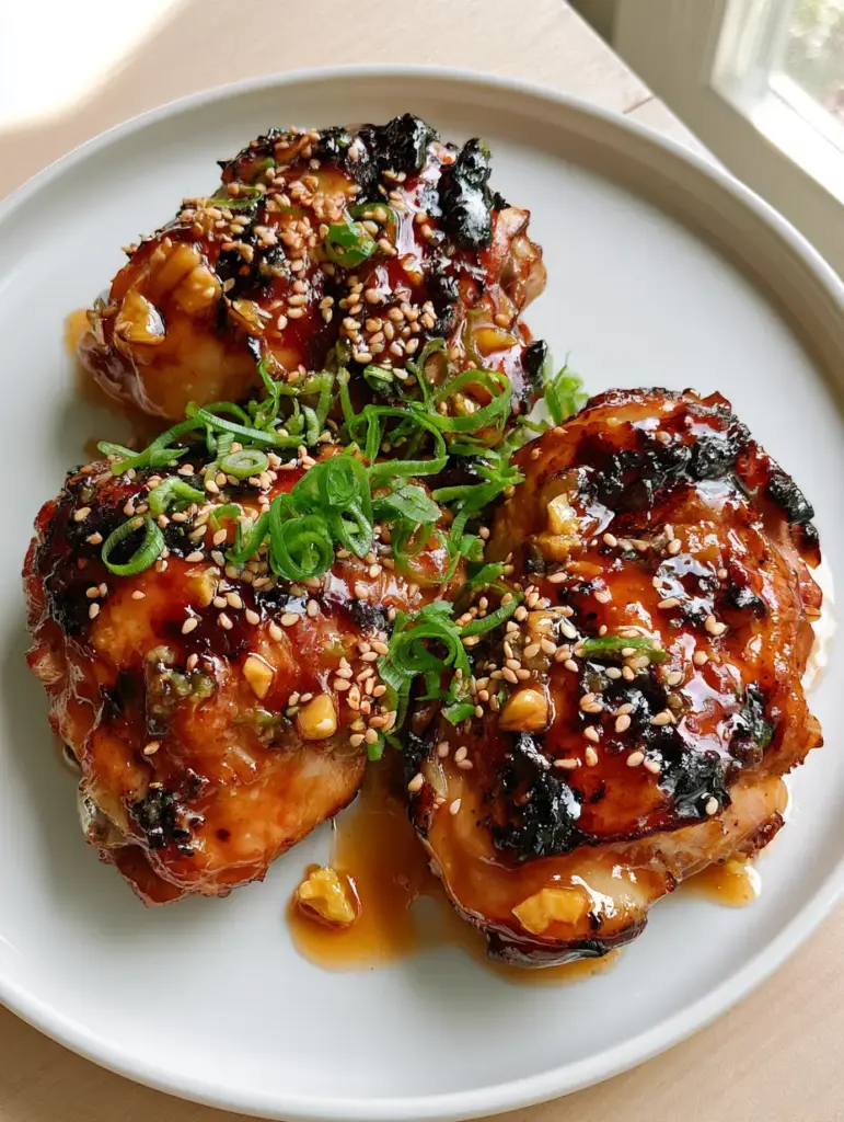 Honey Garlic Grilled Chicken Thighs Recipe: The Ultimate Sticky Amber Glaze 2 Top-down view of three grilled chicken thighs with visible golden garlic bits in a thick glaze. (honey garlic grilled chicken thighs recipe)