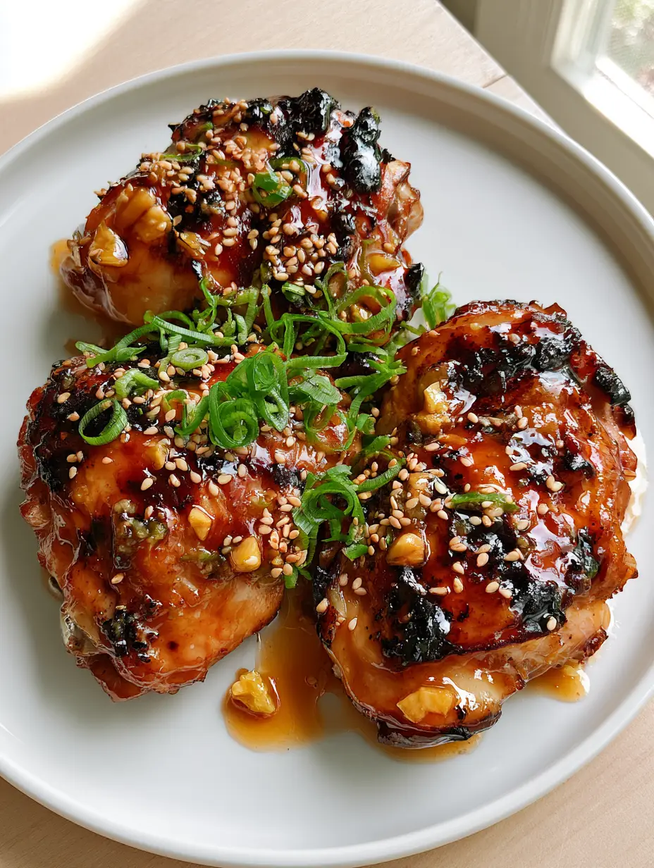 Honey Garlic Grilled Chicken Thighs Recipe: The Ultimate Sticky Amber Glaze 3 Top-down view of three grilled chicken thighs with visible golden garlic bits in a thick glaze. (honey garlic grilled chicken thighs recipe)