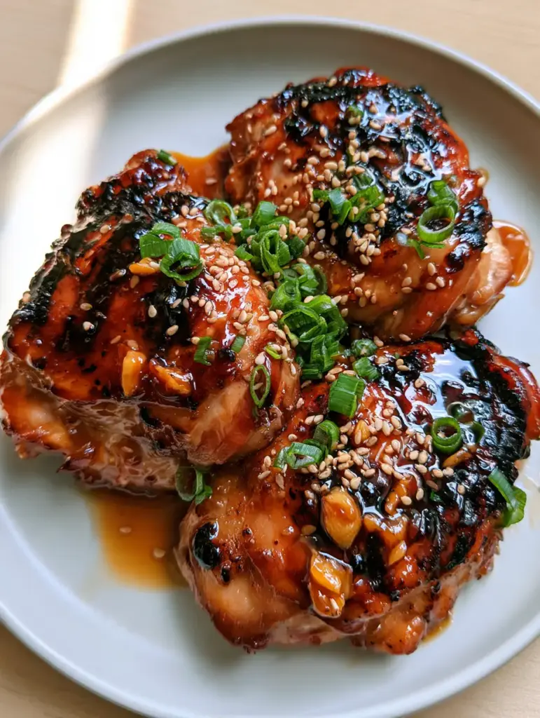 Honey Garlic Grilled Chicken Thighs Recipe: The Ultimate Sticky Amber Glaze 1 Close-up of chicken thighs showing caramelized grill marks and translucent amber honey glaze pooling on a white plate.