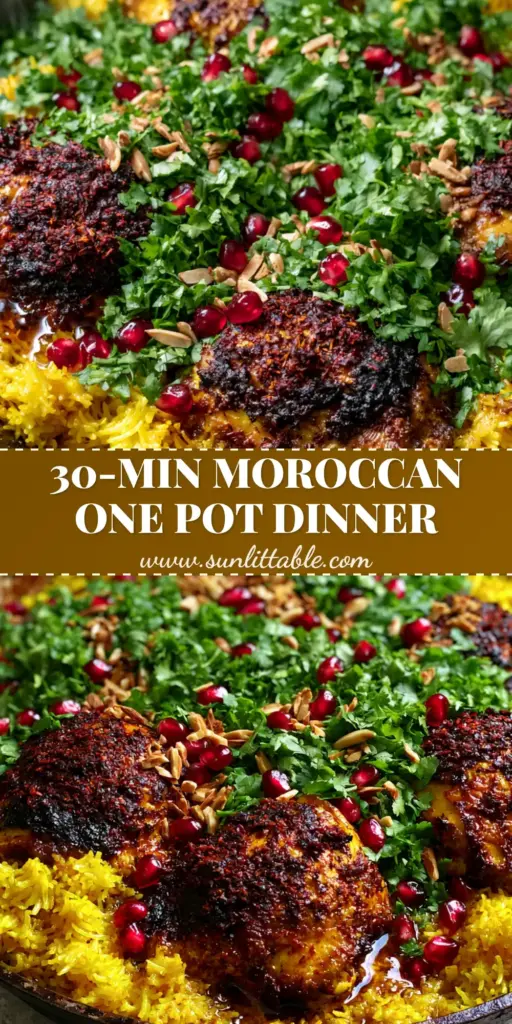 Moroccan Chicken & Rice: The Ultimate One-Pot Cast Iron Masterpiece 3 A top-down angled shot of Moroccan Chicken & Rice in a cast iron skillet with golden rice, charred chicken, pomegranate seeds, and cilantro.