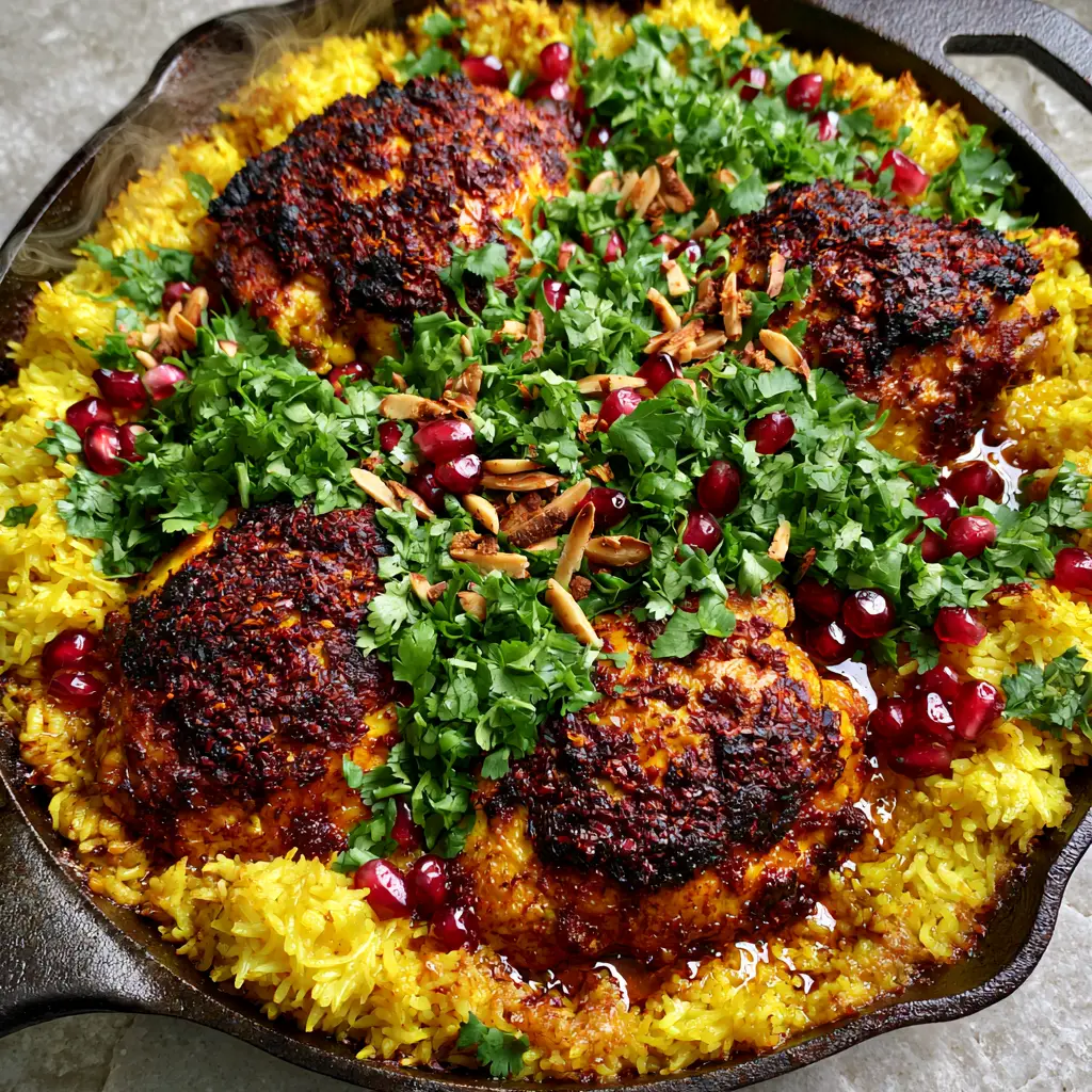 Moroccan Chicken & Rice: The Ultimate One-Pot Cast Iron Masterpiece 2 Close up of charred chicken thighs seasoned with red Ras El Hanout on top of yellow turmeric rice. (Moroccan Chicken & Rice)