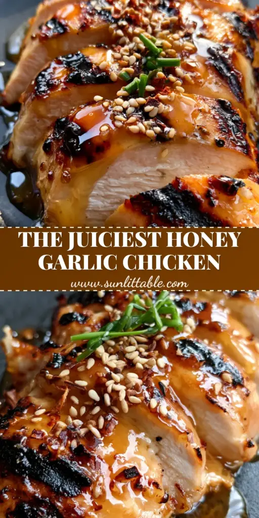 Grilled Chicken with a Glistening Sticky Honey Garlic Glaze 4 A close-up of sliced grilled chicken breast with a thick honey garlic glaze, sesame seeds, and scallions on a black plate. (grilled chicken)