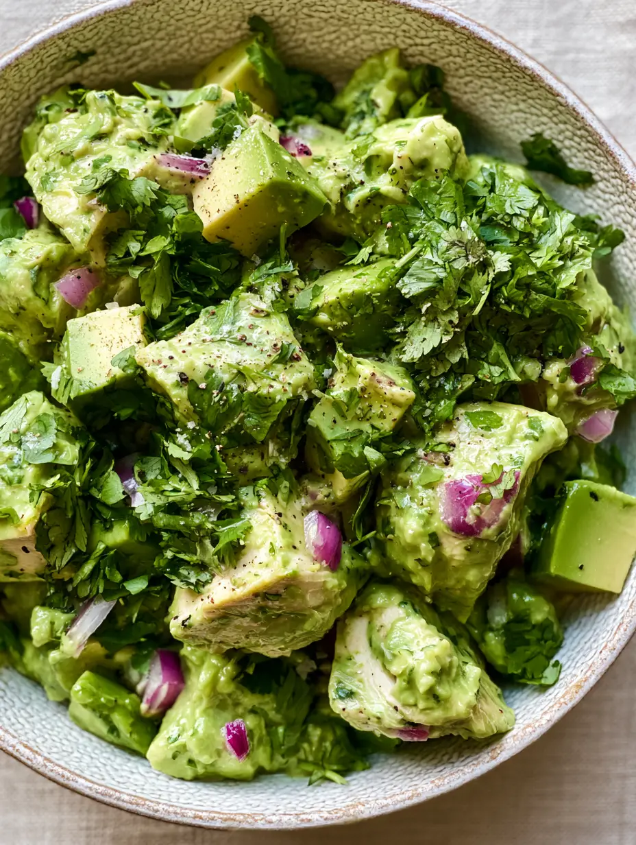 Avocado Chicken Salad Recipe: The Ultimate Creamy and Healthy Gourmet Guide 4 Macro photo of avocado chicken salad with visible flecks of sea salt, cracked black pepper, and fresh cilantro leaves. (avocado chicken salad)