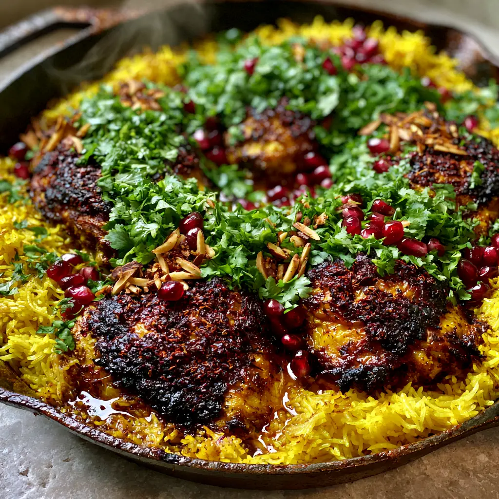 Moroccan Chicken & Rice: The Ultimate One-Pot Cast Iron Masterpiece 1 Rustic cast iron skillet filled with Moroccan Chicken & Rice garnished with almonds, pomegranate, and cilantro.