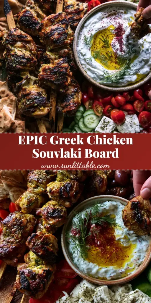 Greek Chicken Souvlaki Grazing Board for Ultimate Mediterranean Entertaining 3 A massive wooden Greek chicken souvlaki grazing board with charred chicken skewers, creamy tzatziki, and fresh Mediterranean vegetables.