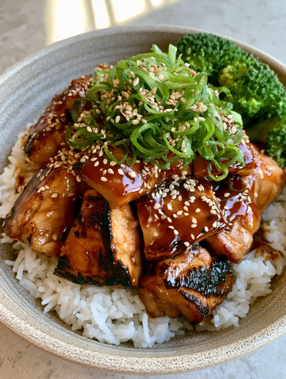 Teriyaki Chicken Rice Bowl: The Ultimate Guide to Glossy Mahogany Glaze 3 Overhead view of a Teriyaki Chicken Rice Bowl showing charred chicken thigh chunks and fluffy jasmine rice grains.