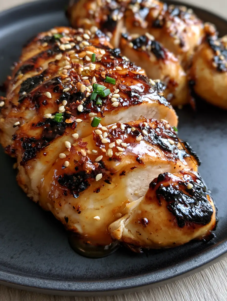 Grilled Chicken with a Glistening Sticky Honey Garlic Glaze 3 Macro shot of honey garlic grilled chicken showing succulent meat texture and glistening amber glaze. (grilled chicken)