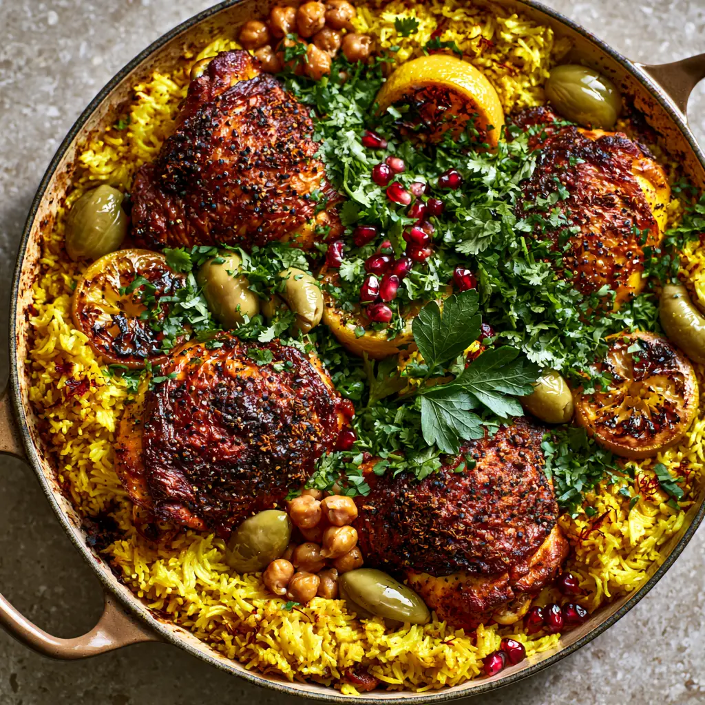 Moroccan Chicken with Golden Turmeric Rice and Charred Lemon 2 Close-up hero shot of bronze-colored seared Moroccan chicken thighs on a bed of golden basmati rice with green olives.