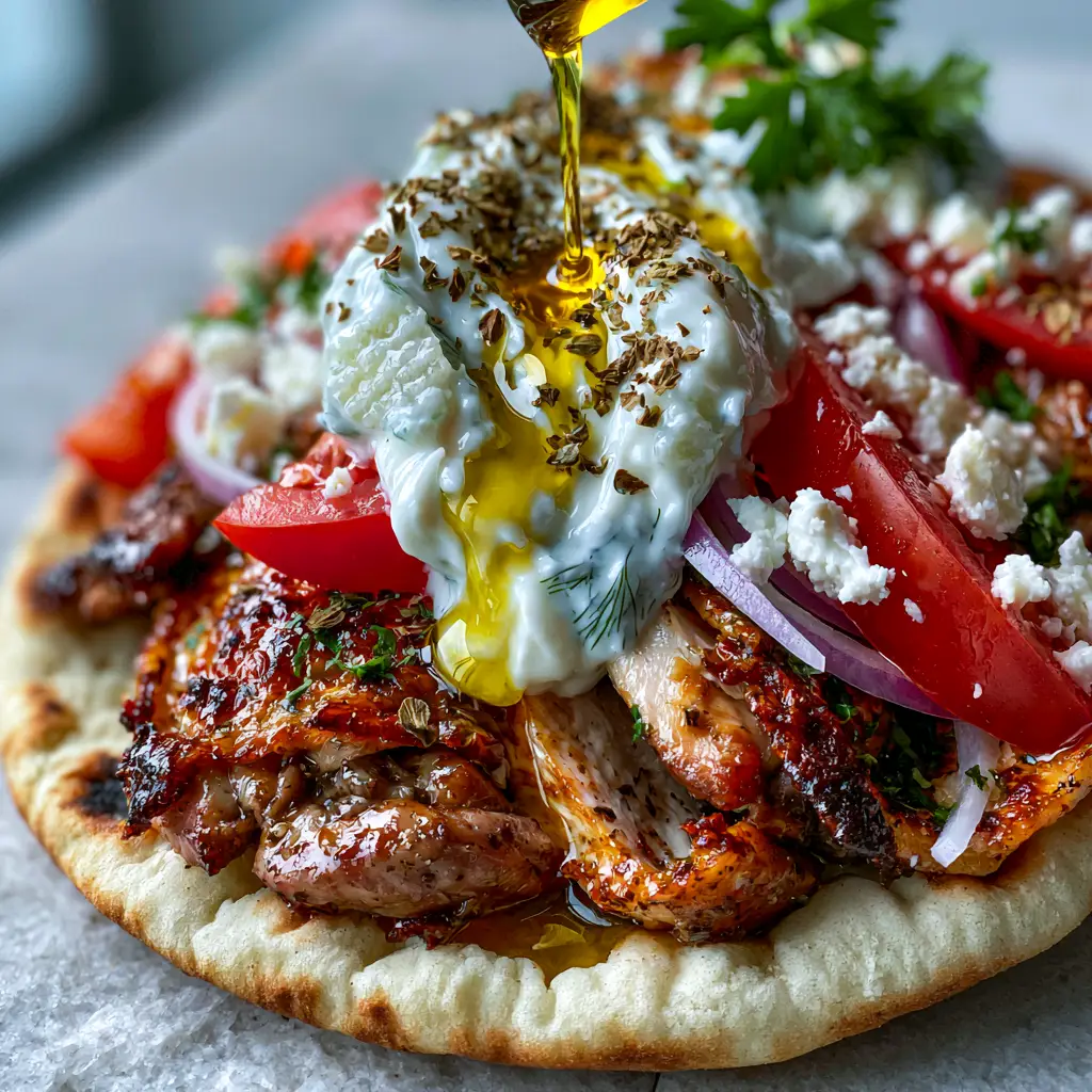 Greek Food Dishes: The Ultimate Authentic Chicken Gyro with Herb-Infused Oil 2 Close up shot of roasted chicken thighs with crispy edges and thick tzatziki in a fluffy pita. (Greek food dishes)