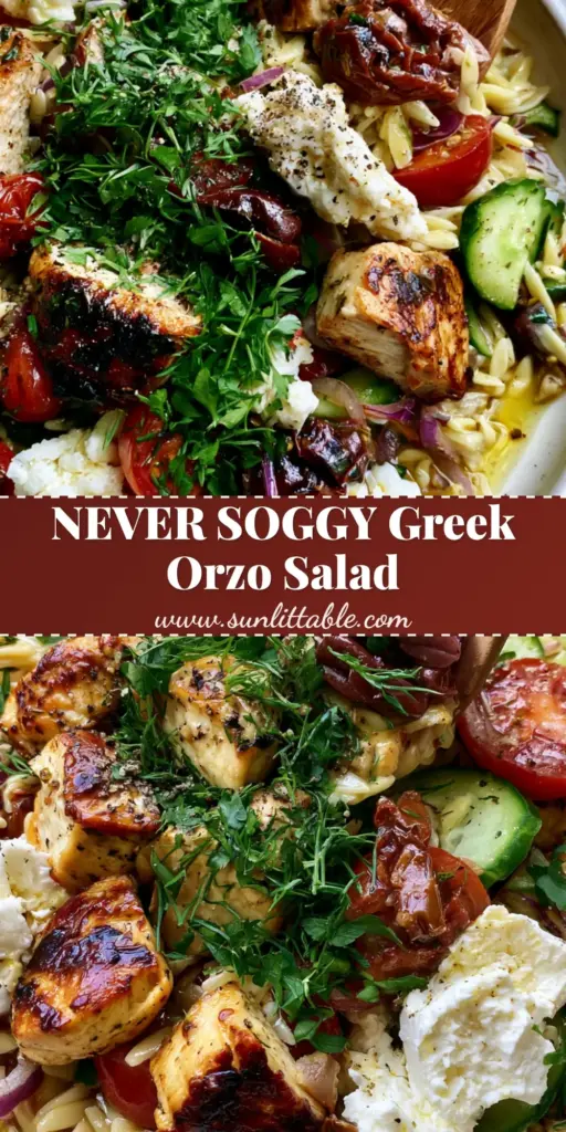 Greek Chicken Orzo Salad: The Ultimate Mediterranean Meal Prep Masterpiece 3 A top-down macro shot of a vibrant Greek chicken orzo salad in a white bowl with seared chicken and feta.