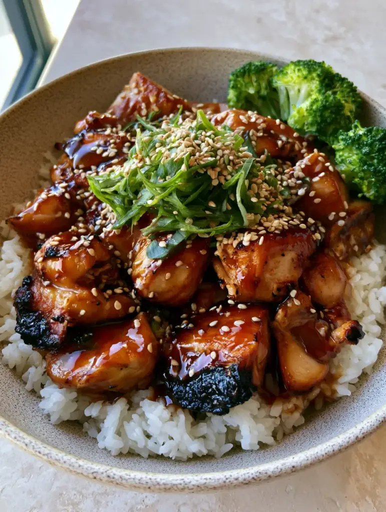 Teriyaki Chicken Rice Bowl: The Ultimate Guide to Glossy Mahogany Glaze 1 Close up of mahogany teriyaki glaze reflecting natural window light on a chicken rice bowl.