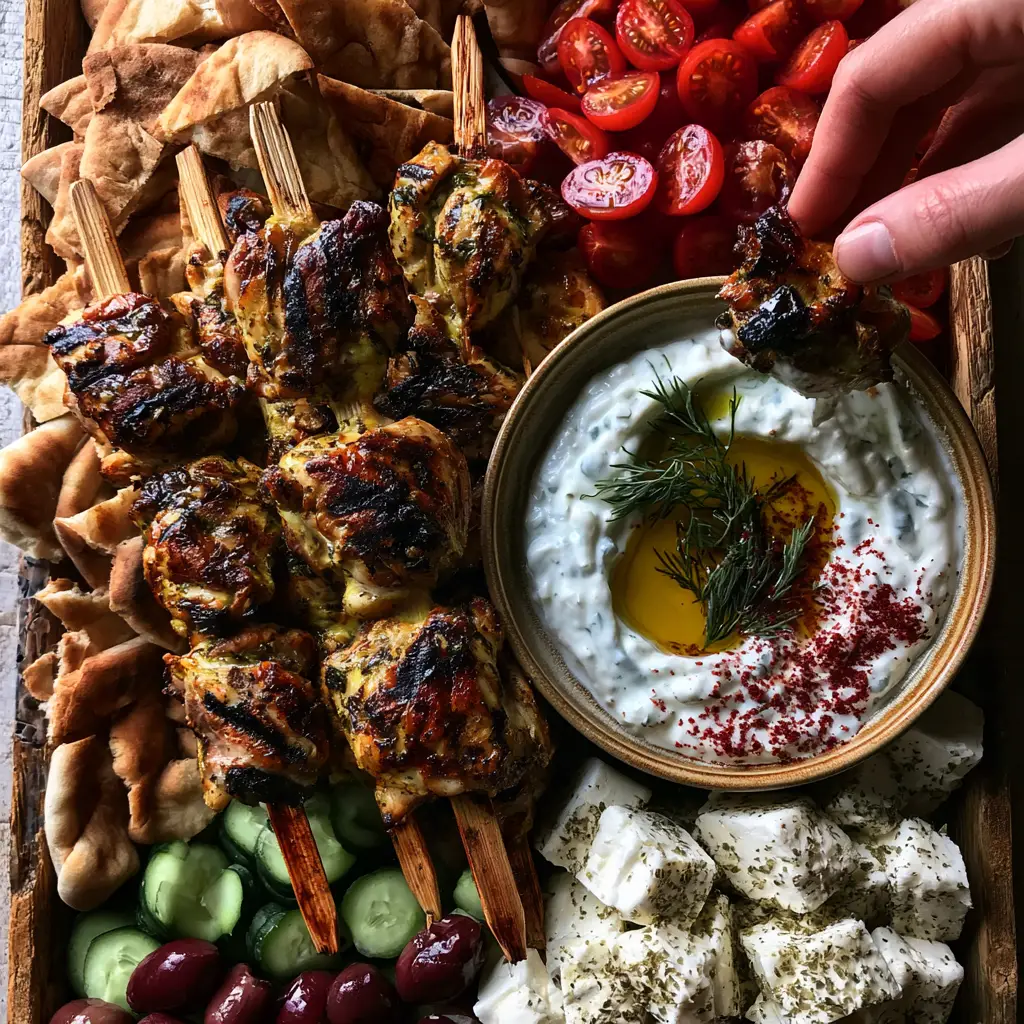 Greek Chicken Souvlaki Grazing Board for Ultimate Mediterranean Entertaining 2 Top-down view of a Greek chicken souvlaki grazing board with toasted pita and Kalamata olives. (Greek chicken souvlaki grazing board)