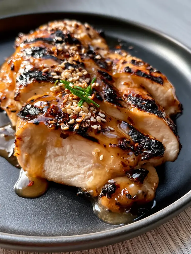 Grilled Chicken with a Glistening Sticky Honey Garlic Glaze 1 Top down view of sliced grilled chicken breast garnished with sesame seeds and chili flakes.