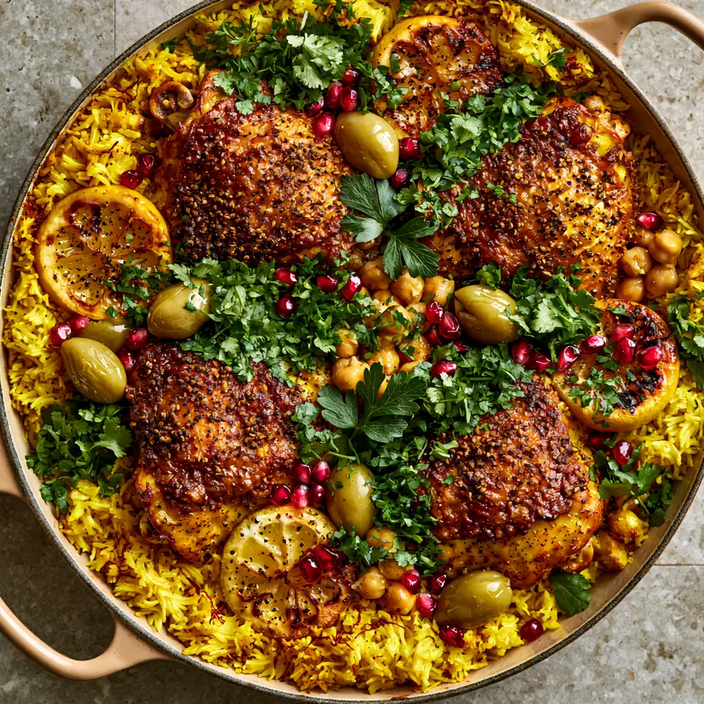 Moroccan Chicken with Golden Turmeric Rice and Charred Lemon 1 Angled skillet shot showing Moroccan chicken layered with charred lemons, chickpeas, and fresh cilantro garnish.