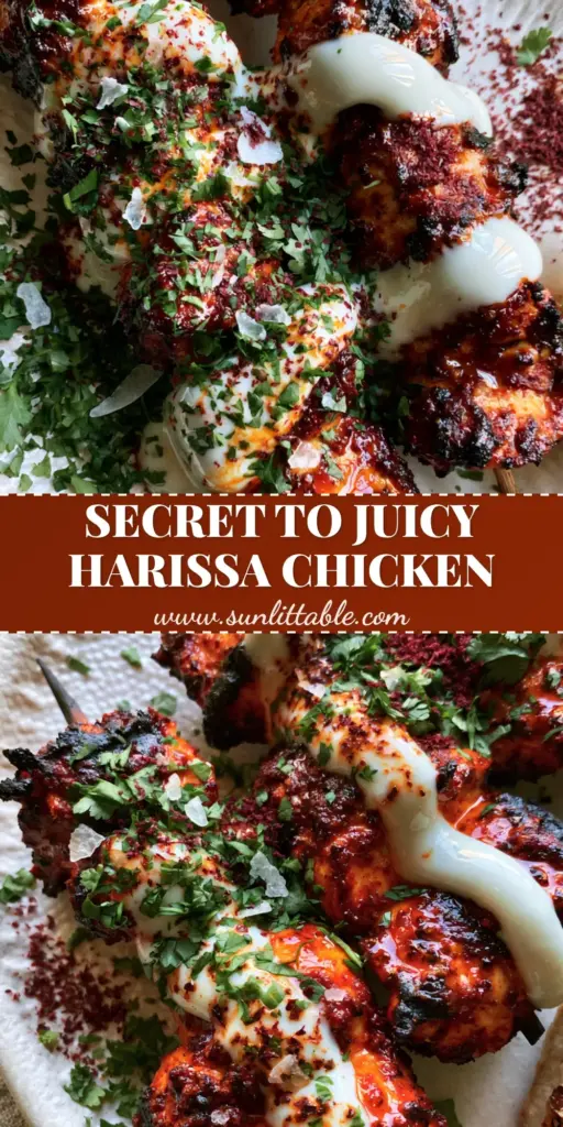 Moroccan Spiced Grilled Chicken Skewers with Vibrant Harissa Glaze 4 An overhead close-up of three Moroccan spiced grilled chicken skewers with vibrant red harissa glaze and a white yogurt drizzle on a white plate.