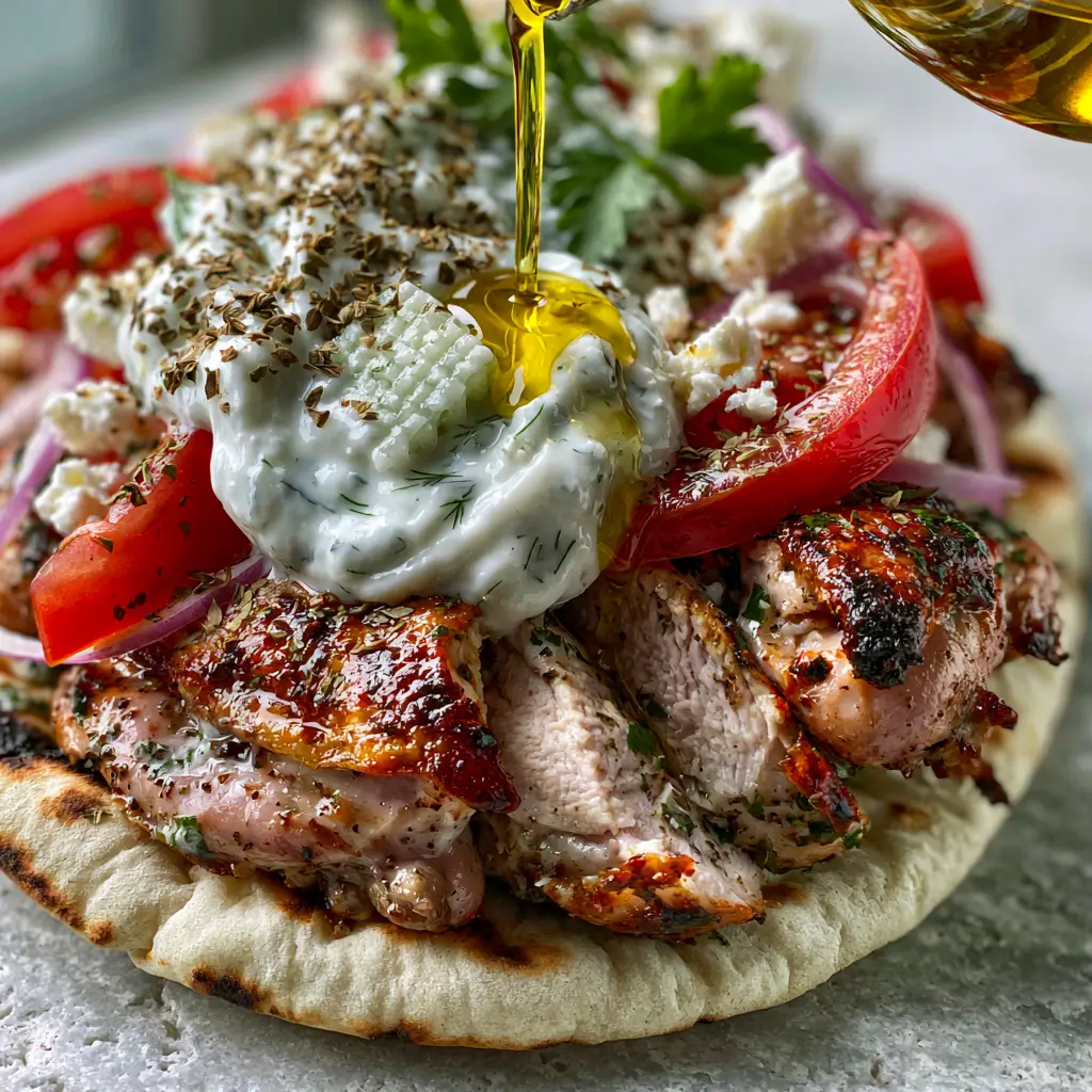 Greek Food Dishes: The Ultimate Authentic Chicken Gyro with Herb-Infused Oil 1 A mid-pour action shot of golden herb-infused olive oil drizzling over a Greek chicken gyro with red onions and feta.