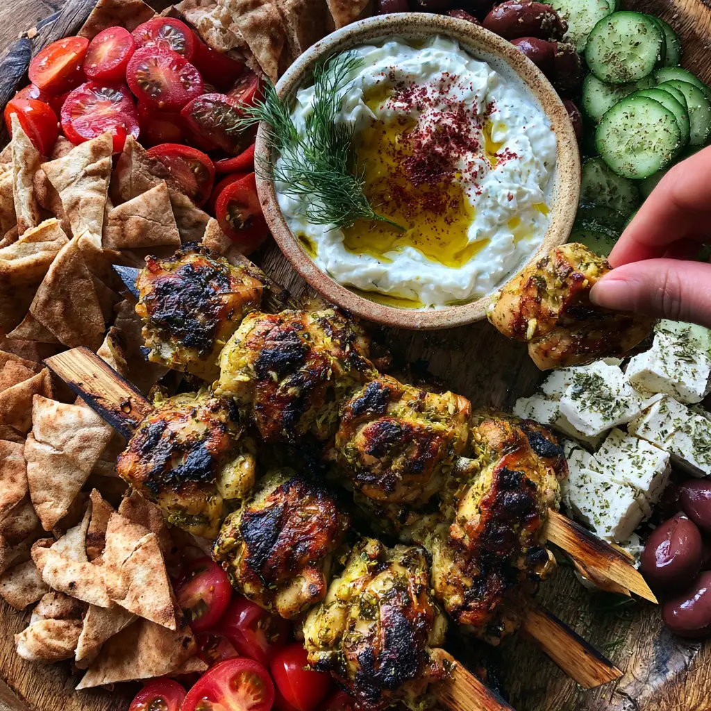 Greek Chicken Souvlaki Grazing Board for Ultimate Mediterranean Entertaining 1 Close up of a hand dipping charred chicken into a bowl of thick tzatziki on a Greek chicken souvlaki grazing board.