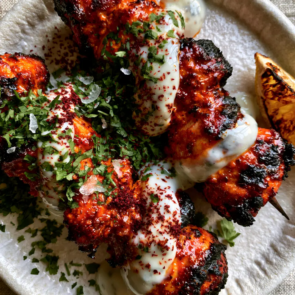 Moroccan Spiced Grilled Chicken Skewers with Vibrant Harissa Glaze 2 Close-up of charred chicken chunks on skewers, showing the wet red-orange harissa glaze and glossy yogurt zig-zags.
