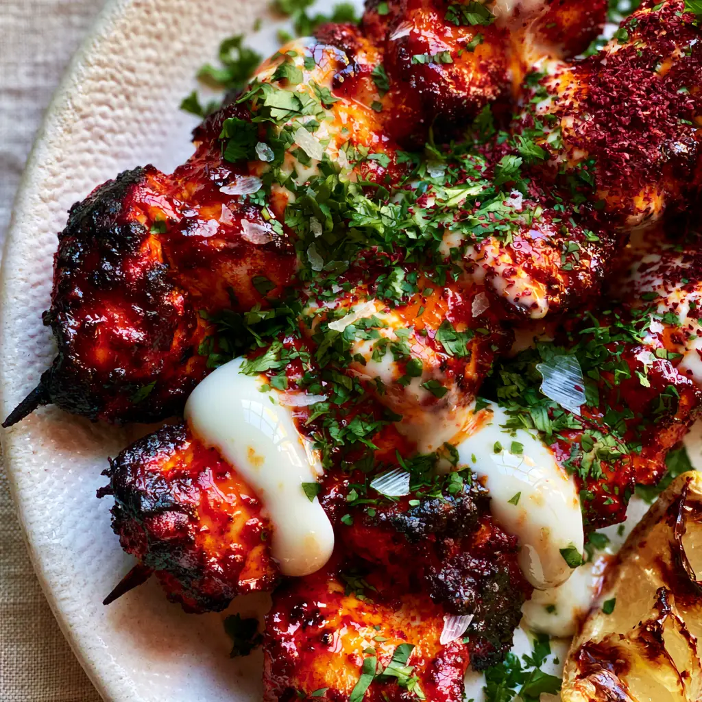 Moroccan Spiced Grilled Chicken Skewers with Vibrant Harissa Glaze 1 Extreme overhead view of Moroccan spiced grilled chicken skewers with cilantro, sumac, and a charred lemon wedge garnish.