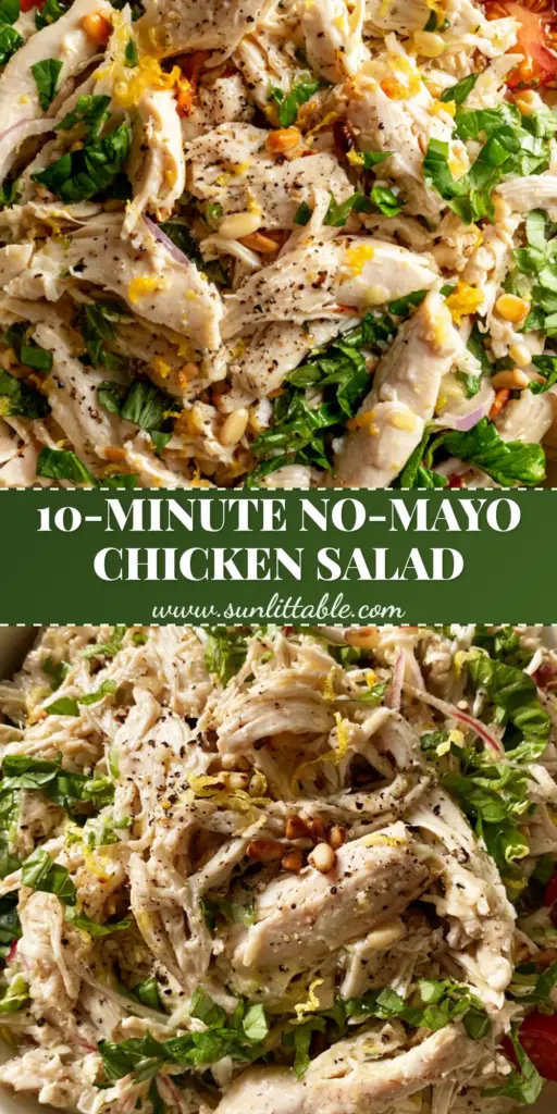 Lemon Basil Chicken Salad with Toasted Pine Nuts and Zesty Lemon-Olive Oil Dressing 4 A top-down view of Lemon Basil Chicken Salad in a white bowl with fresh basil ribbons and toasted pine nuts.