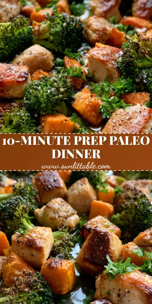 A rustic dark metal sheet pan filled with golden-seared chicken, charred broccoli, and caramelized orange sweet potatoes under natural daylight. (paleo sheet pan meals)