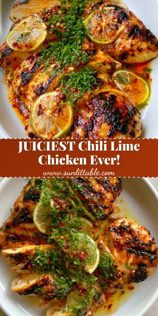 Chili Lime Marinade for the Juiciest Grilled Chicken 3 Sliced grilled chicken breasts on a white platter featuring a glossy reddish-orange Chili Lime Marinade glaze, charred grill marks, and fresh cilantro garnish.
