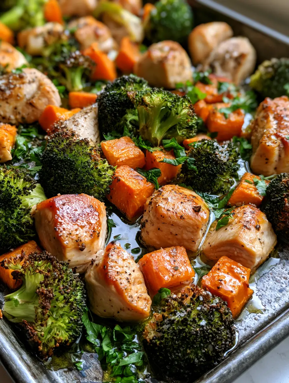 Close-up of golden-brown seared chicken cubes and charred forest-green broccoli florets on a sheet pan. (paleo sheet pan meals)