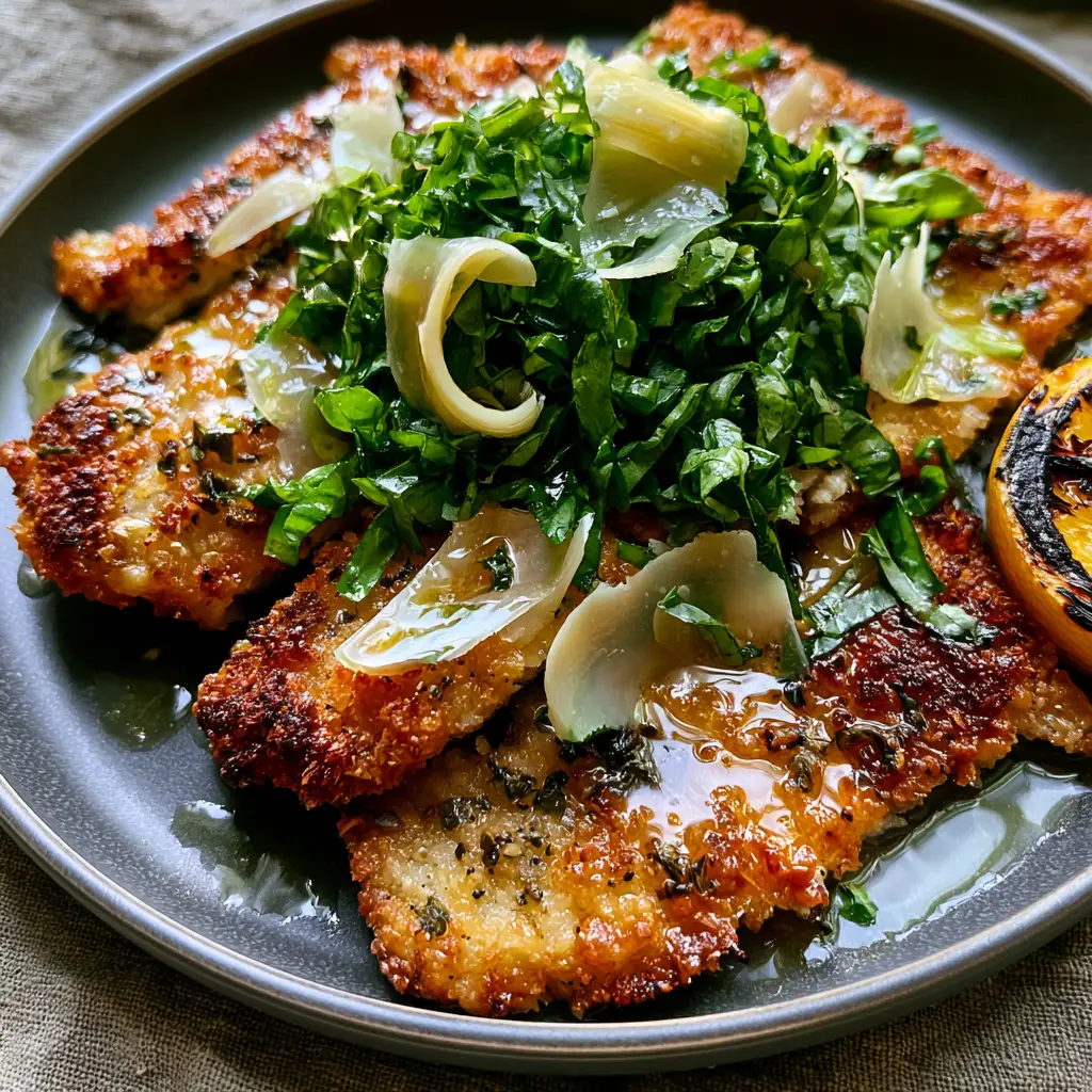 Italian Basil Chicken Cutlets with Glossy Lemon Butter Sauce 2 Extreme close-up of thinly sliced Italian Basil Chicken Cutlets showing the craggy panko crust and moisture-beaded basil chiffonade.