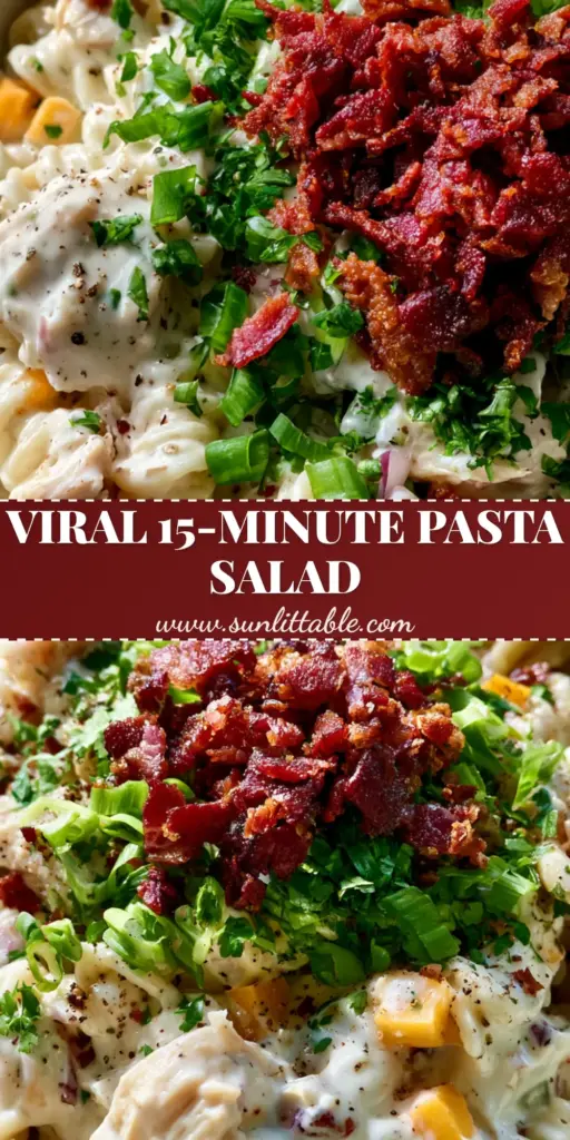 Chicken Bacon Ranch Pasta Salad with Rotisserie Chicken and Crispy Bacon 4 A close-up shot of chicken bacon ranch pasta salad in a white bowl showing crispy bacon, green scallions, and creamy rotini pasta.